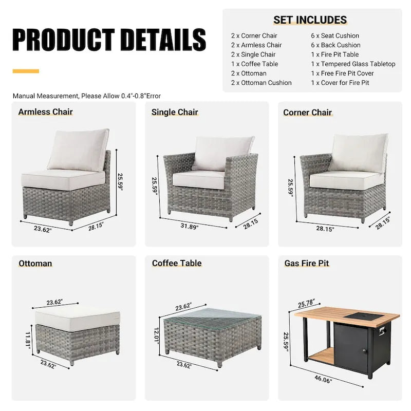 HOOOWOOO Ensemble de Meubles de Jardin Extérieur en Osier Gris 10 Pièces avec Foyer