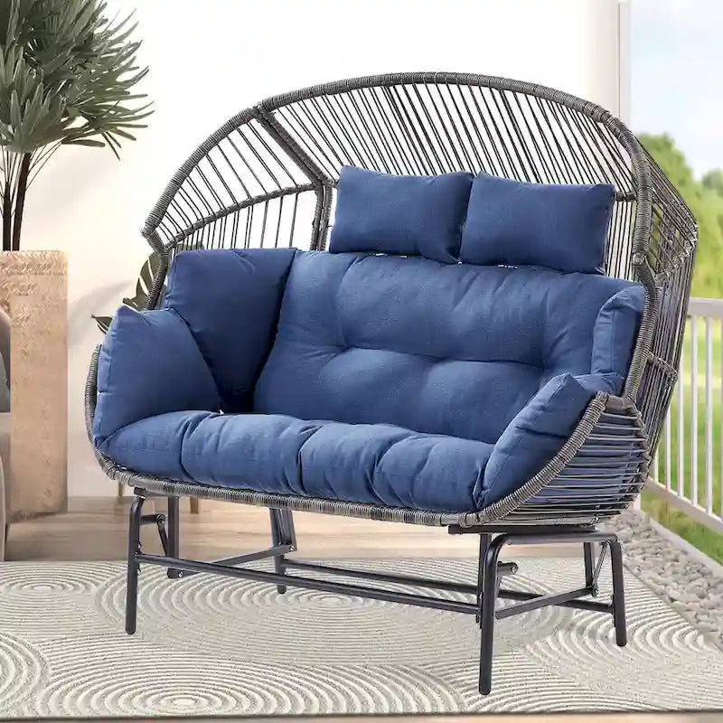 Fauteuil de jardin à bascule en rotin en forme d'œuf avec coussins - Gris clair