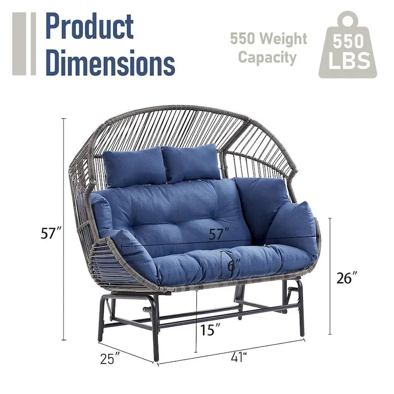 Fauteuil de jardin à bascule en rotin en forme d'œuf avec coussins - Gris clair