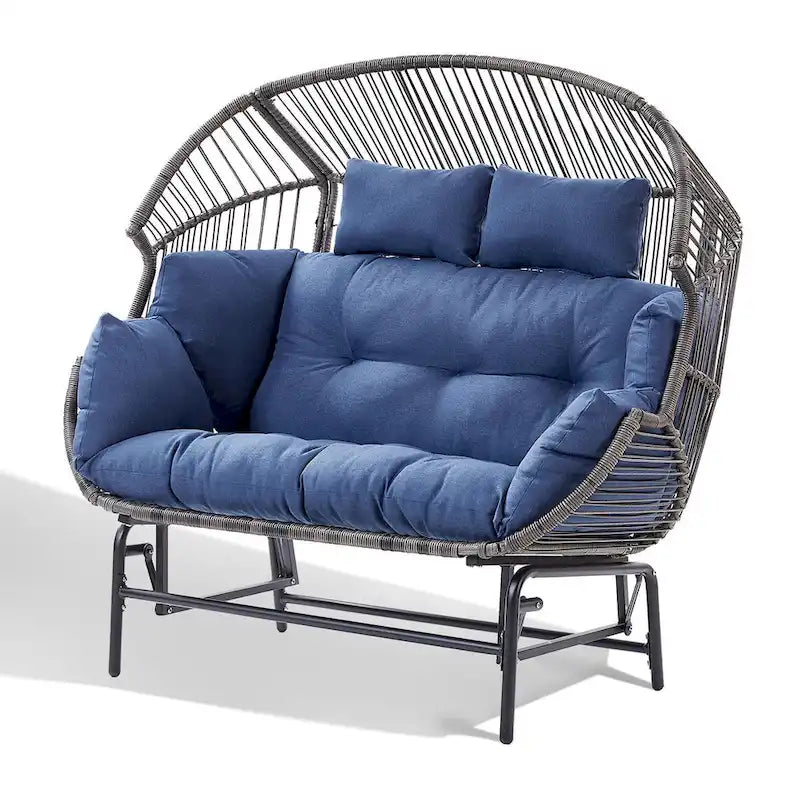 Fauteuil de jardin à bascule en rotin en forme d'œuf avec coussins - Gris clair