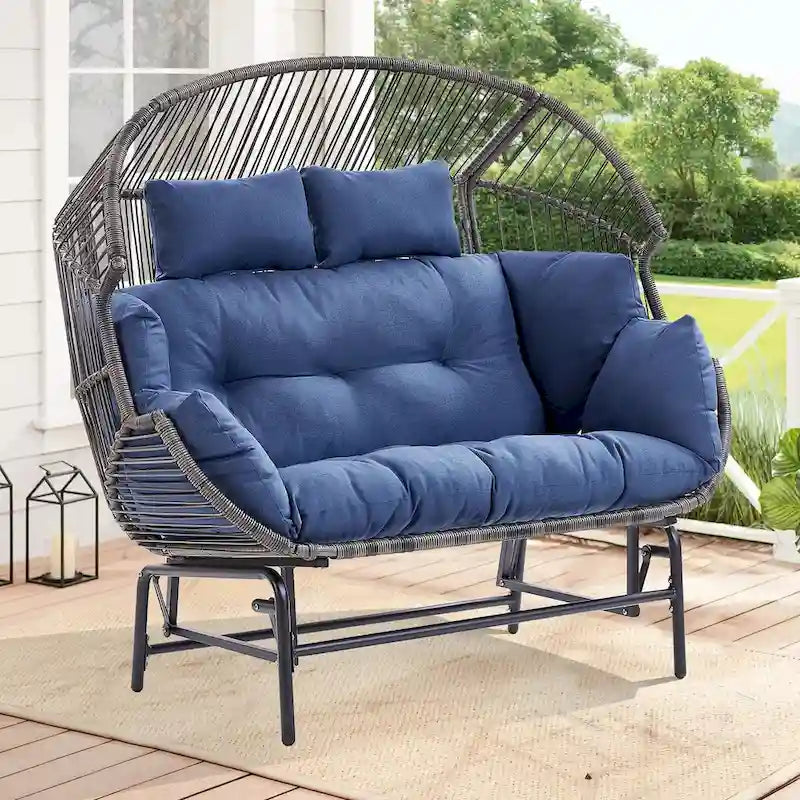 Fauteuil de jardin à bascule en rotin en forme d'œuf avec coussins - Gris clair
