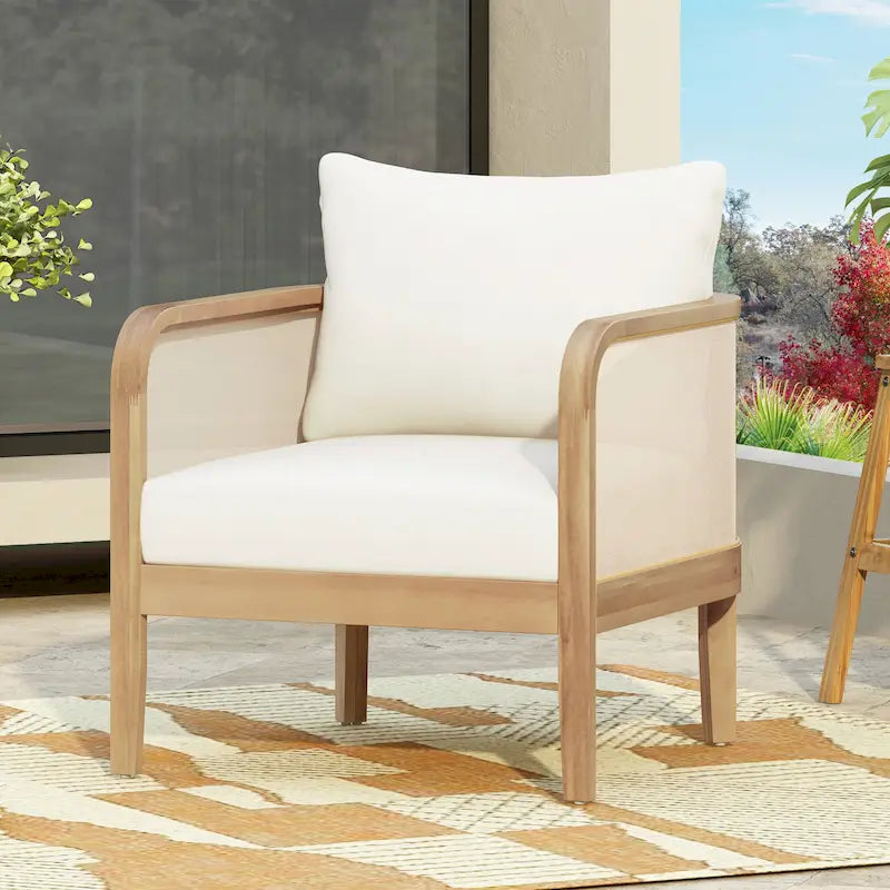 Fauteuil d'extérieur Linksy en bois d'acacia moderne avec coussins beiges par Christopher Knight Home