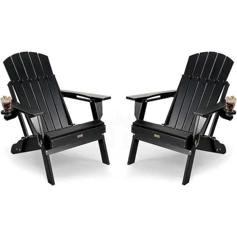 WINSOON All Weather HDPE Outdoor Folding Adirondack Chair With Cup Holder,Set of 2