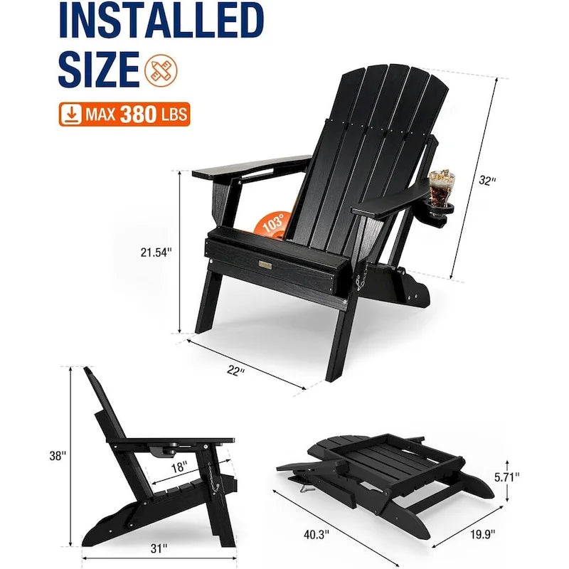 WINSOON Chaise Adirondack pliante d'extérieur tout temps en PEHD avec porte-gobelet, ensemble de 2