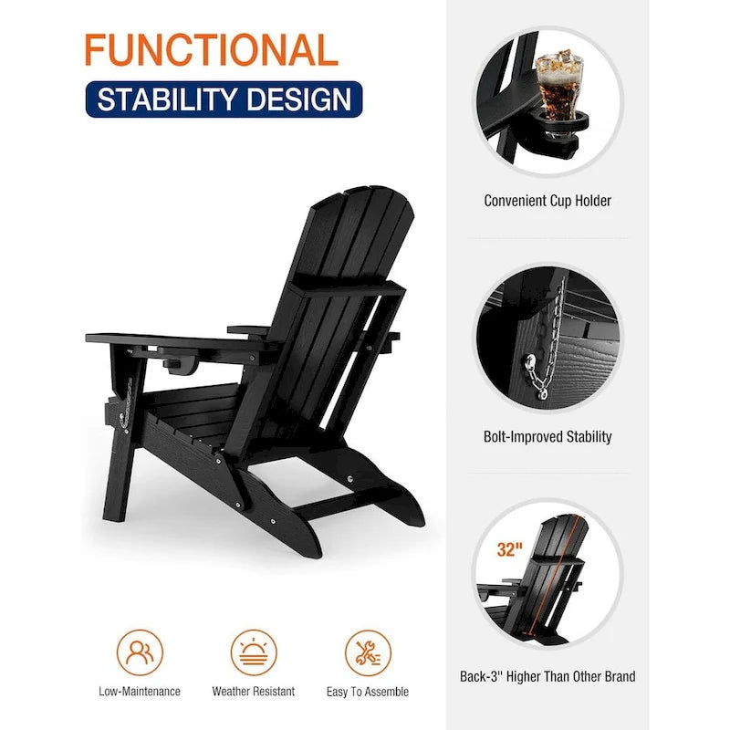 WINSOON Chaise Adirondack pliante d'extérieur tout temps en PEHD avec porte-gobelet, ensemble de 2