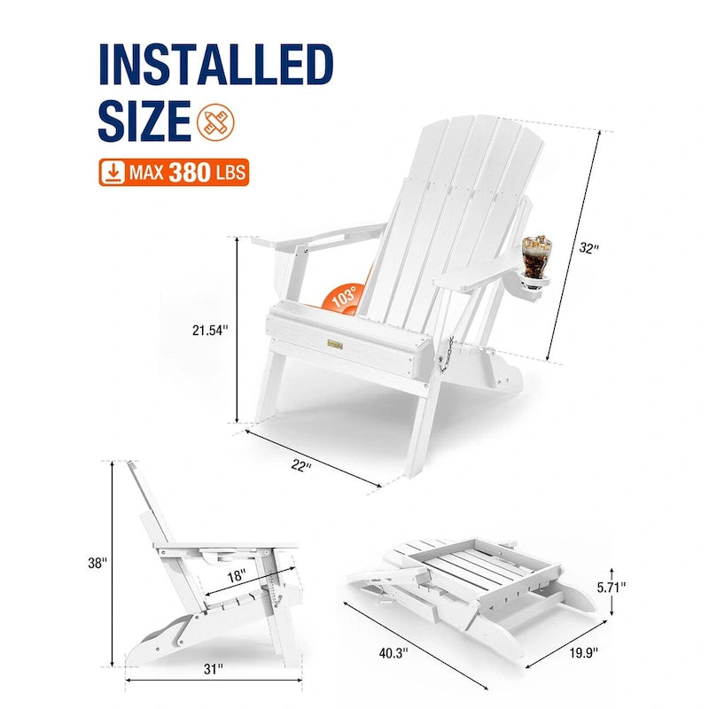 WINSOON Chaise Adirondack pliante d'extérieur tout temps en PEHD avec porte-gobelet, ensemble de 2