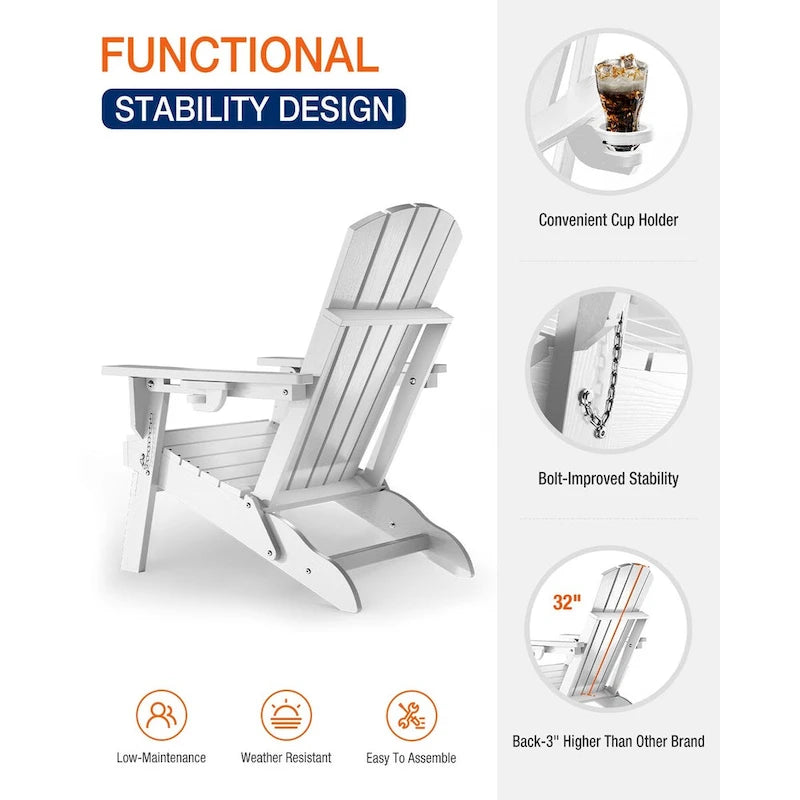 WINSOON Chaise Adirondack pliante d'extérieur tout temps en PEHD avec porte-gobelet, ensemble de 2