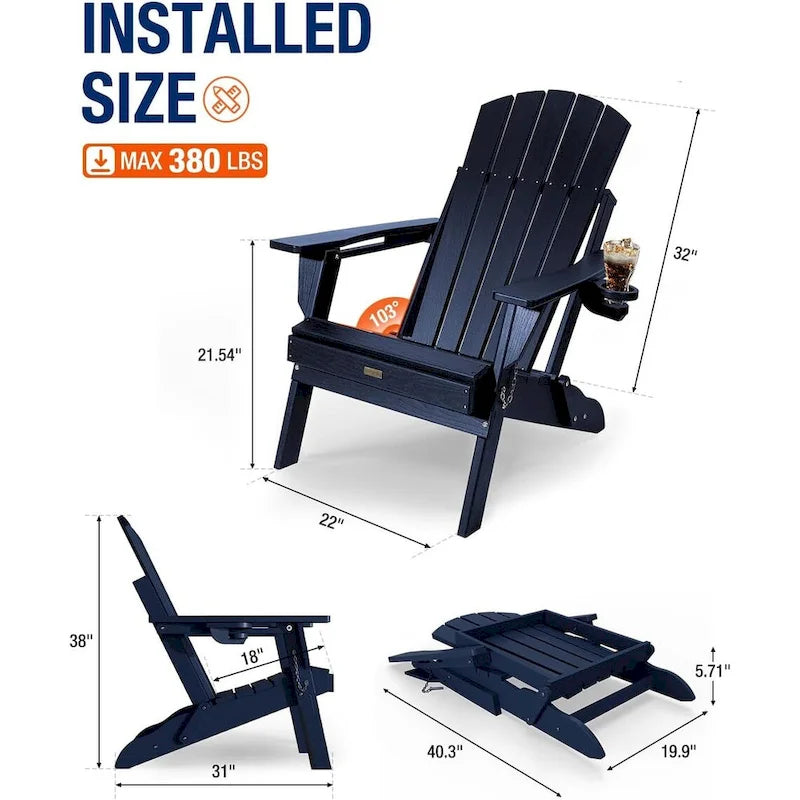 WINSOON Chaise Adirondack pliante d'extérieur tout temps en PEHD avec porte-gobelet, ensemble de 2