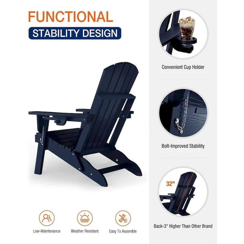 WINSOON Chaise Adirondack pliante d'extérieur tout temps en PEHD avec porte-gobelet, ensemble de 2