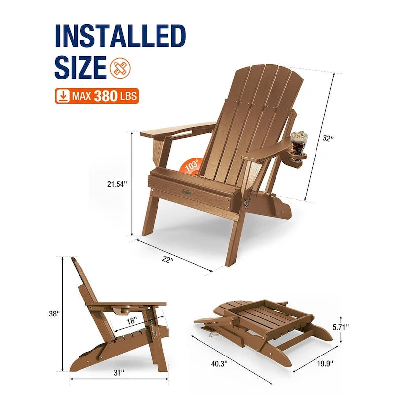 WINSOON Chaise Adirondack pliante d'extérieur tout temps en PEHD avec porte-gobelet, ensemble de 2