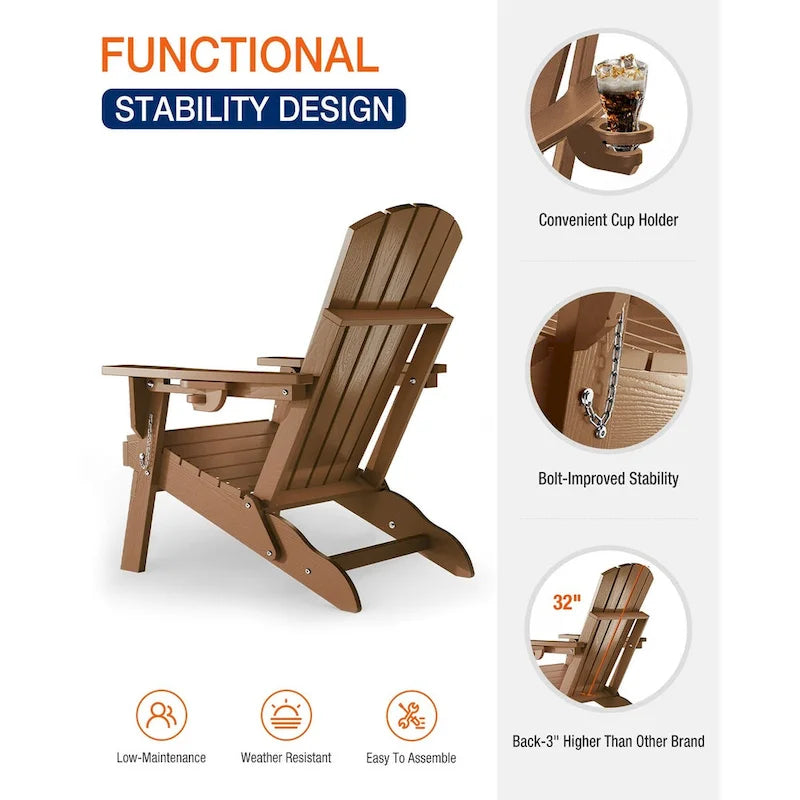 WINSOON Chaise Adirondack pliante d'extérieur tout temps en PEHD avec porte-gobelet, ensemble de 2