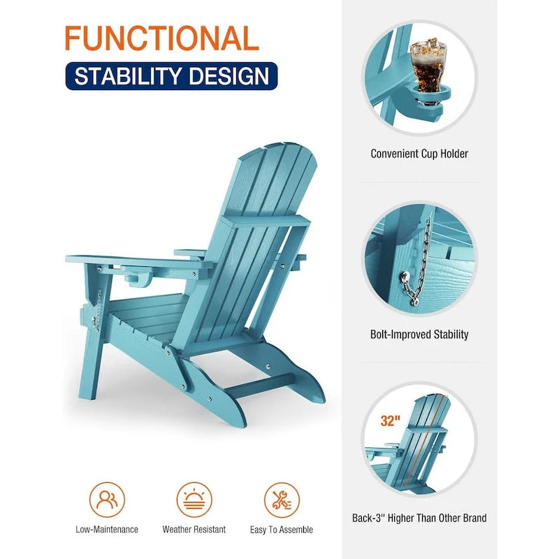 WINSOON Chaise Adirondack pliante d'extérieur tout temps en PEHD avec porte-gobelet, ensemble de 2