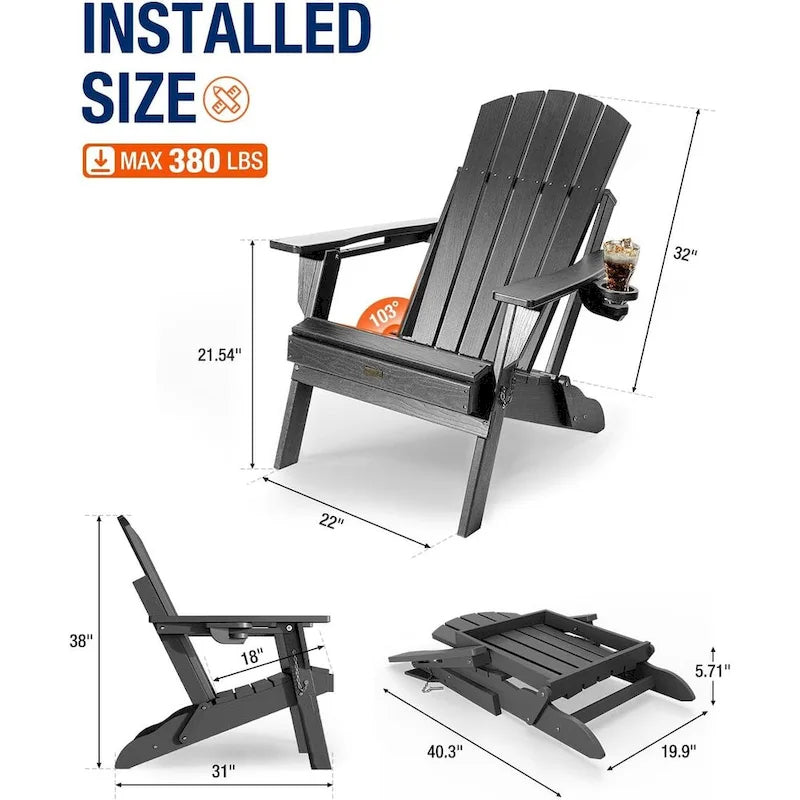 WINSOON Chaise Adirondack pliante d'extérieur tout temps en PEHD avec porte-gobelet, ensemble de 2