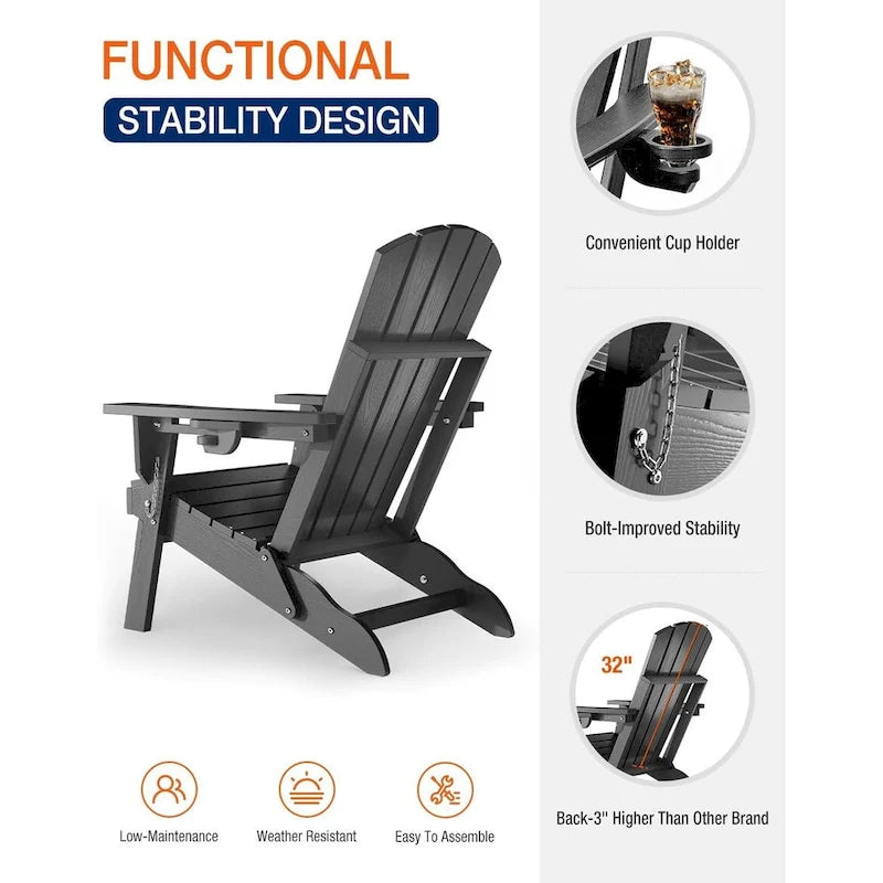 WINSOON Chaise Adirondack pliante d'extérieur tout temps en PEHD avec porte-gobelet, ensemble de 2