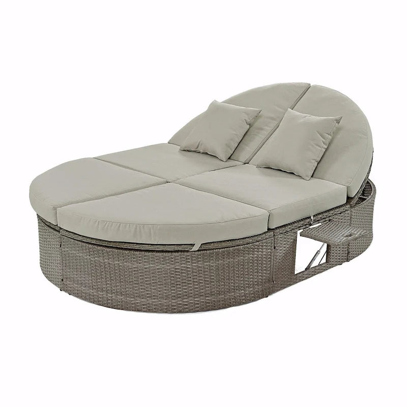 Bain de soleil en rotin avec coussins, chaise longue inclinable, plateaux pliables