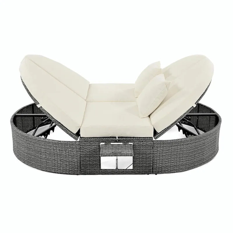 Bain de soleil en rotin avec coussins, chaise longue inclinable, plateaux pliables