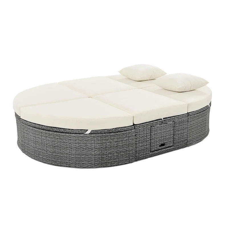 Bain de soleil en rotin avec coussins, chaise longue inclinable, plateaux pliables