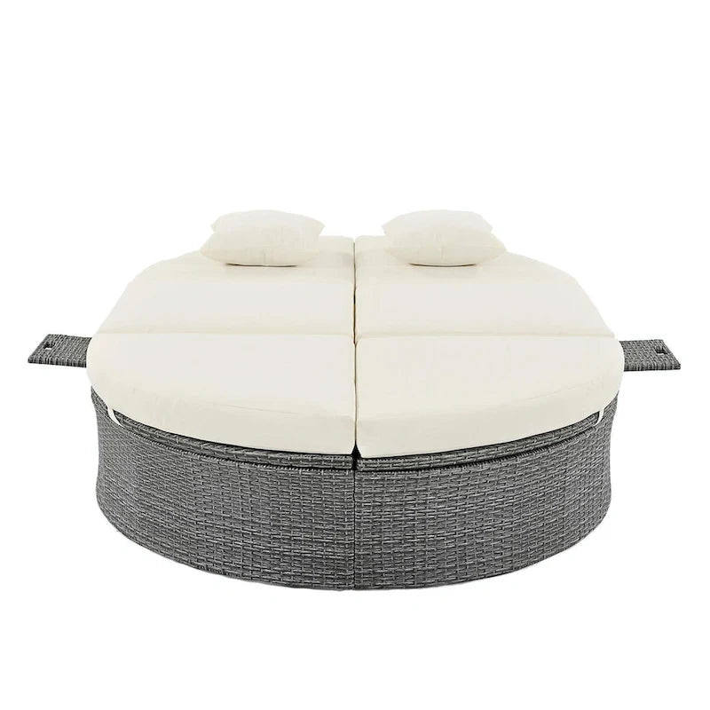 Bain de soleil en rotin avec coussins, chaise longue inclinable, plateaux pliables