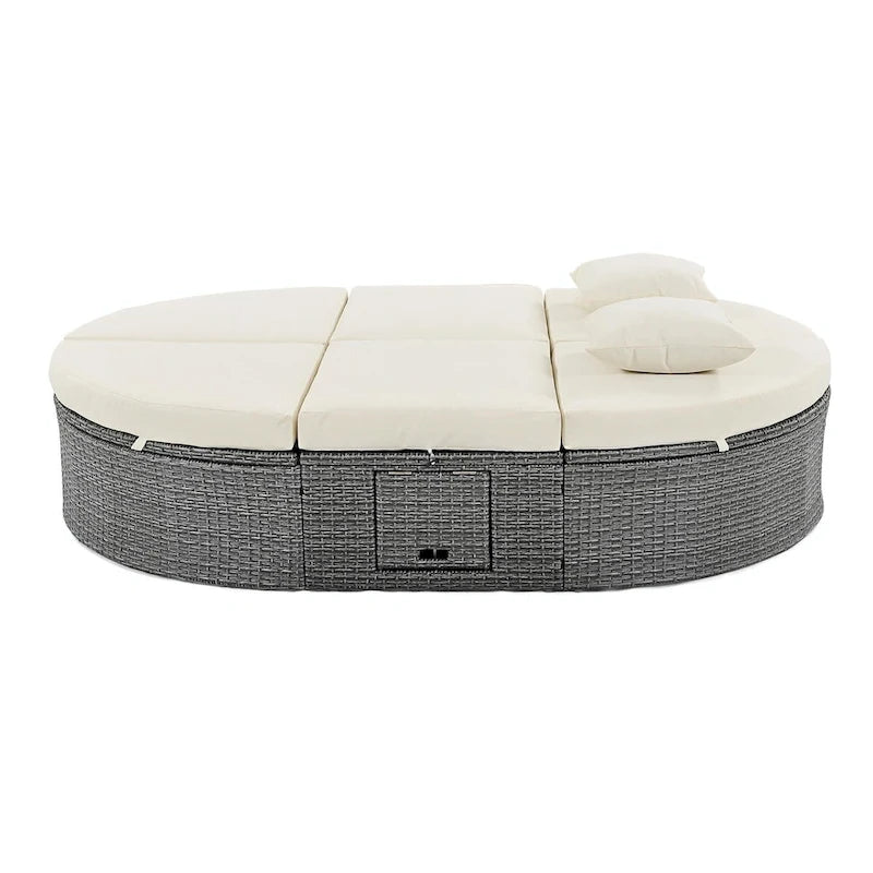 Bain de soleil en rotin avec coussins, chaise longue inclinable, plateaux pliables