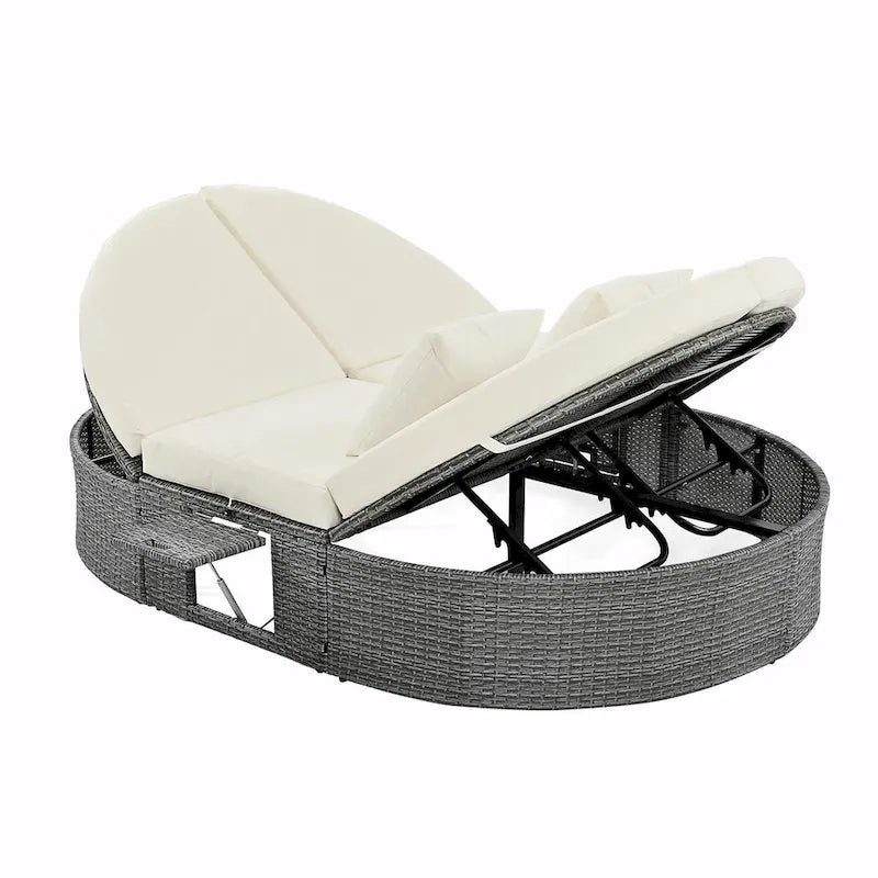 Bain de soleil en rotin avec coussins, chaise longue inclinable, plateaux pliables