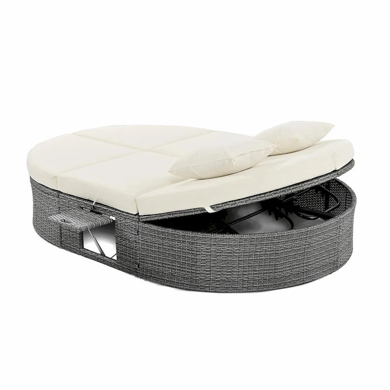 Bain de soleil en rotin avec coussins, chaise longue inclinable, plateaux pliables