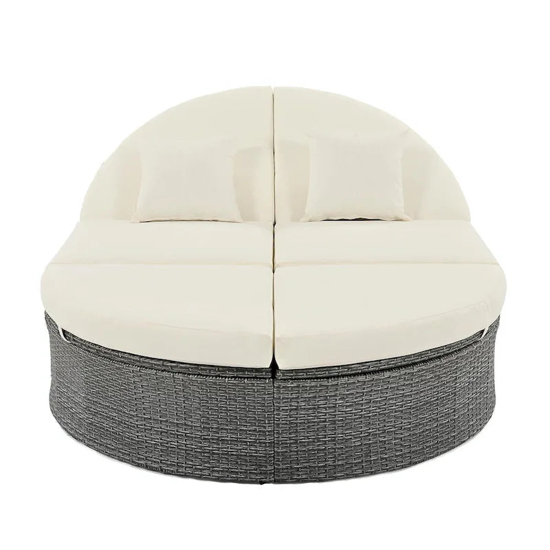 Bain de soleil en rotin avec coussins, chaise longue inclinable, plateaux pliables