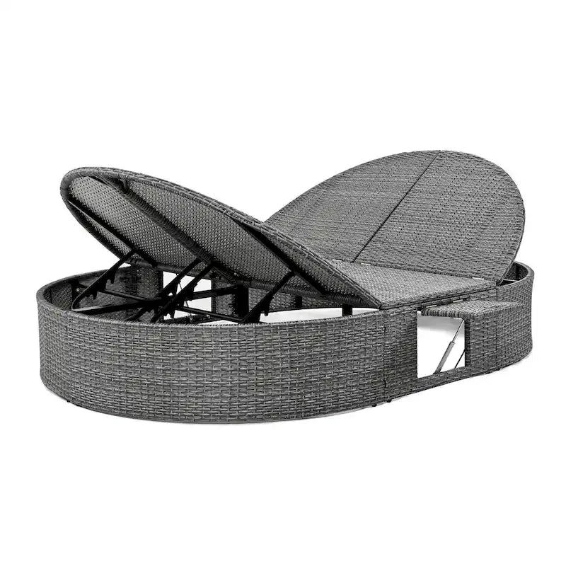 Bain de soleil en rotin avec coussins, chaise longue inclinable, plateaux pliables