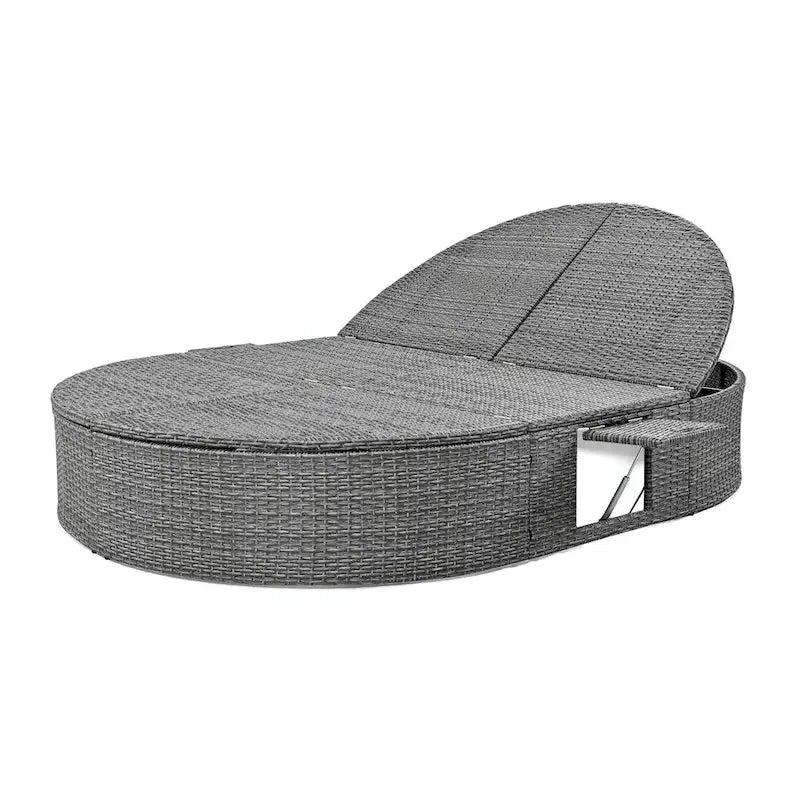 Bain de soleil en rotin avec coussins, chaise longue inclinable, plateaux pliables