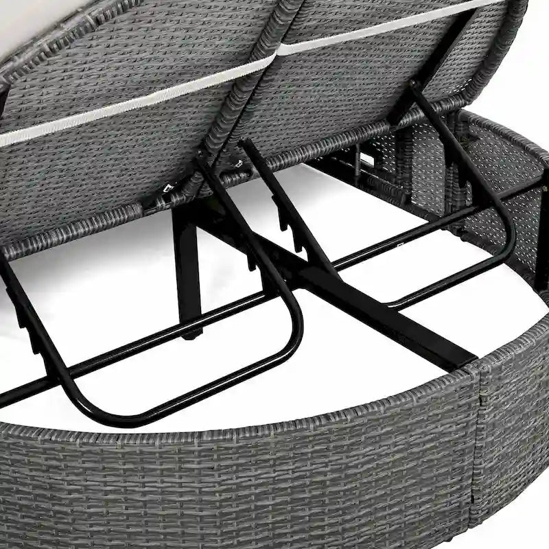 Bain de soleil en rotin avec coussins, chaise longue inclinable, plateaux pliables
