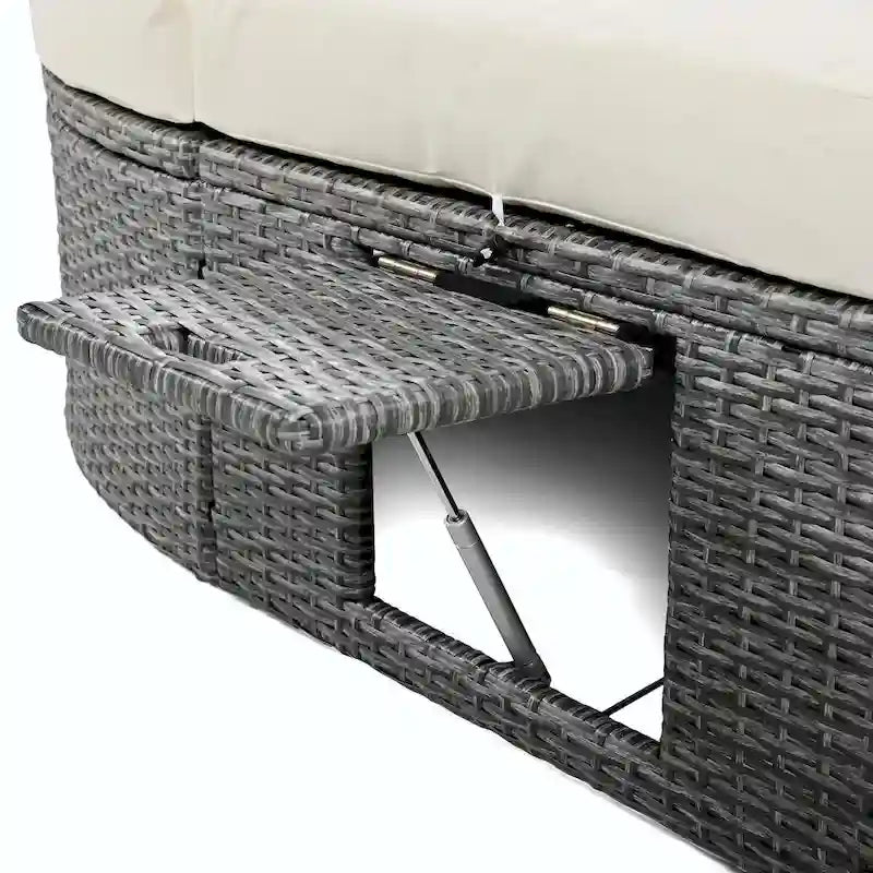 Bain de soleil en rotin avec coussins, chaise longue inclinable, plateaux pliables