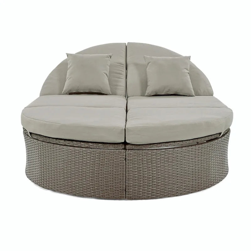 Bain de soleil en rotin avec coussins, chaise longue inclinable, plateaux pliables