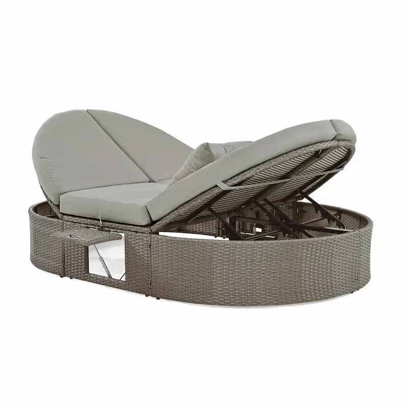 Bain de soleil en rotin avec coussins, chaise longue inclinable, plateaux pliables