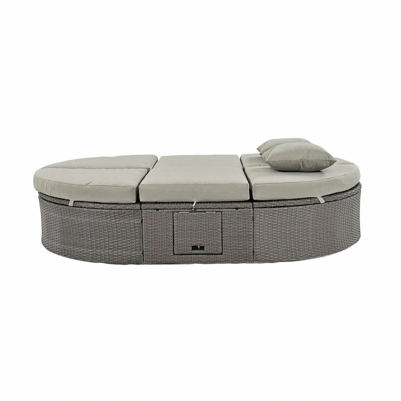Bain de soleil en rotin avec coussins, chaise longue inclinable, plateaux pliables