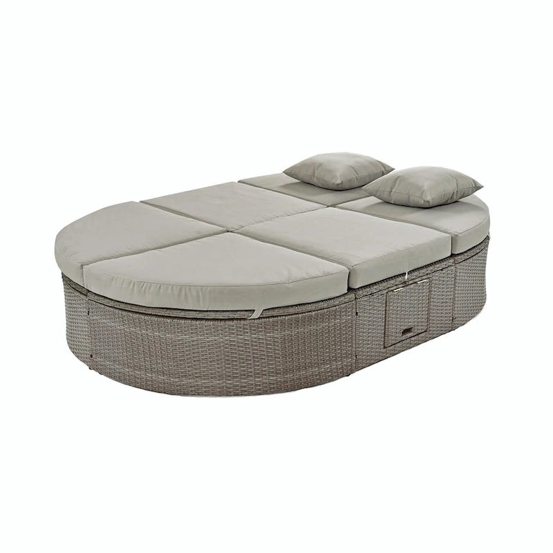Bain de soleil en rotin avec coussins, chaise longue inclinable, plateaux pliables