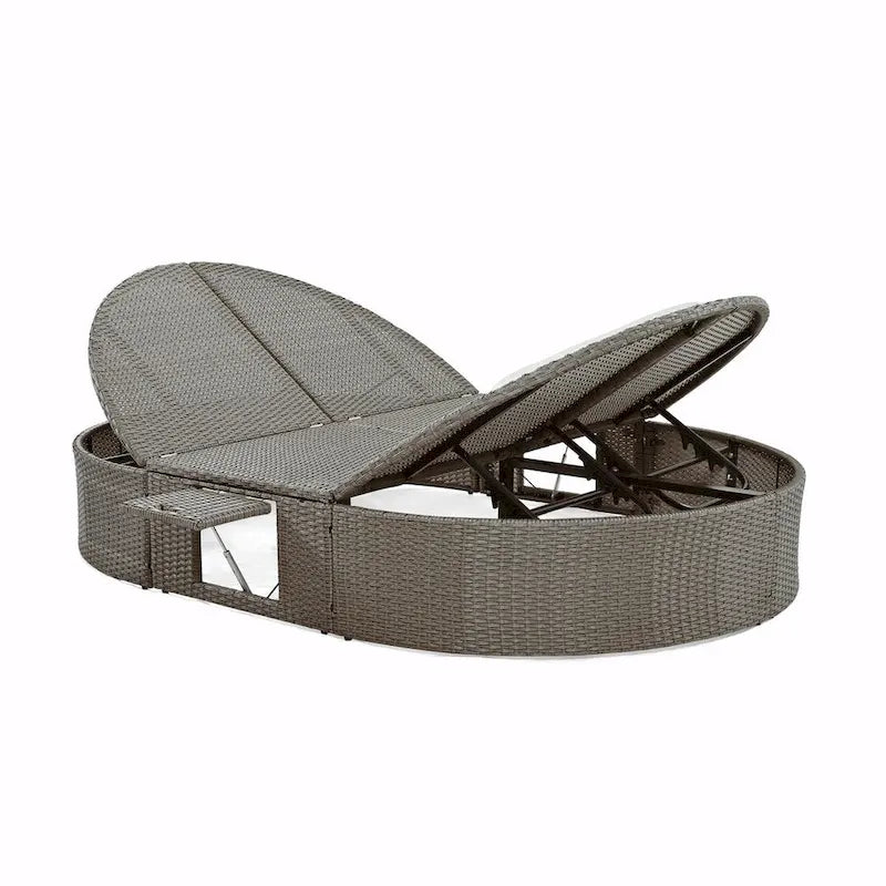 Bain de soleil en rotin avec coussins, chaise longue inclinable, plateaux pliables