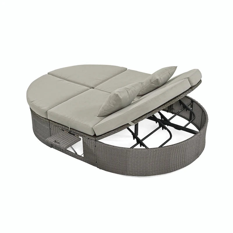 Bain de soleil en rotin avec coussins, chaise longue inclinable, plateaux pliables