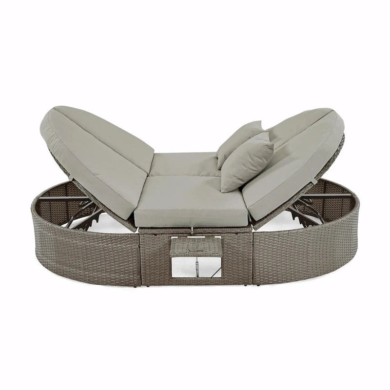 Bain de soleil en rotin avec coussins, chaise longue inclinable, plateaux pliables
