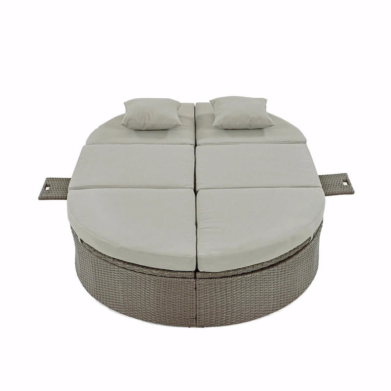 Bain de soleil en rotin avec coussins, chaise longue inclinable, plateaux pliables