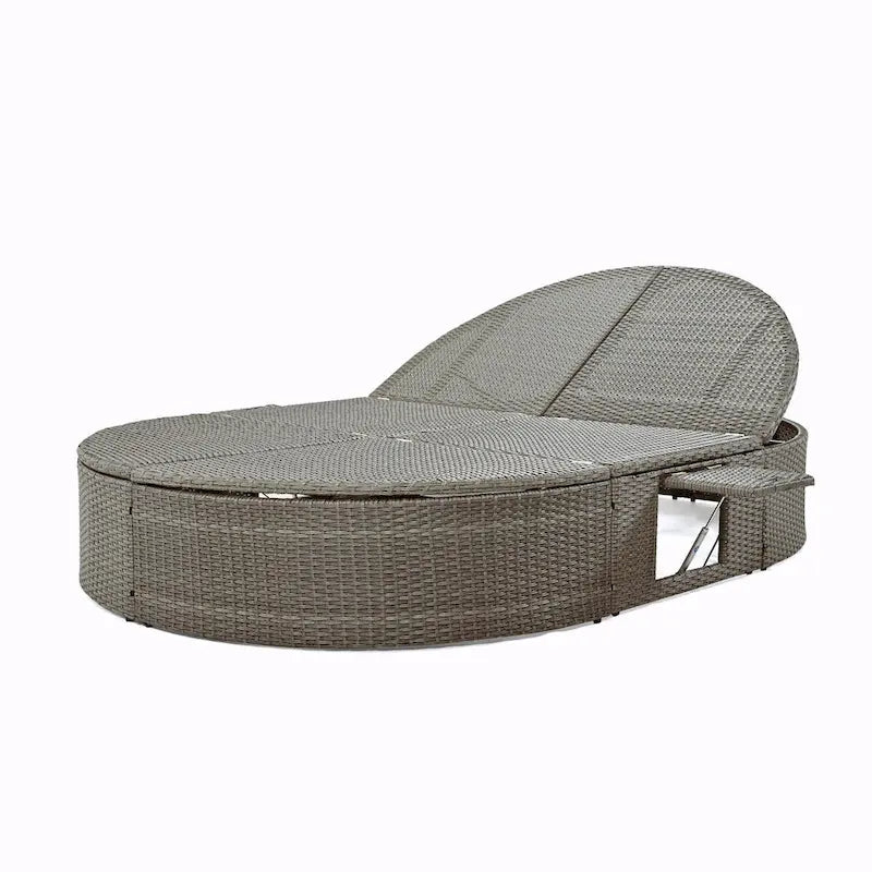 Bain de soleil en rotin avec coussins, chaise longue inclinable, plateaux pliables