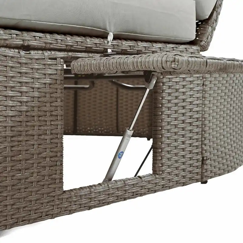 Bain de soleil en rotin avec coussins, chaise longue inclinable, plateaux pliables