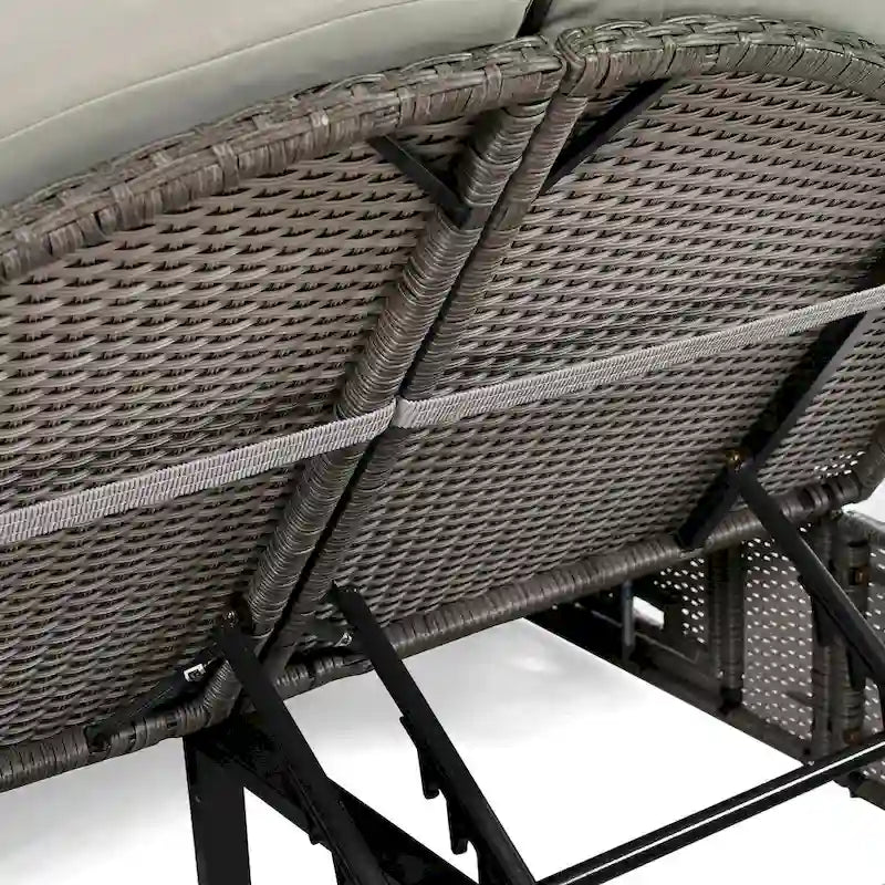 Bain de soleil en rotin avec coussins, chaise longue inclinable, plateaux pliables