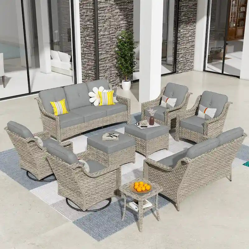HOOOWOOO Ensemble de 9 chaises de patio pivotantes d'extérieur en osier à dossier haut