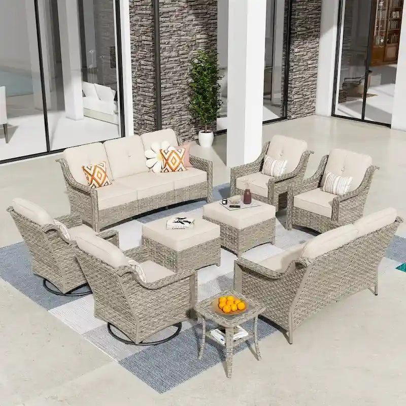 HOOOWOOO Ensemble de 9 chaises de patio pivotantes d'extérieur en osier à dossier haut