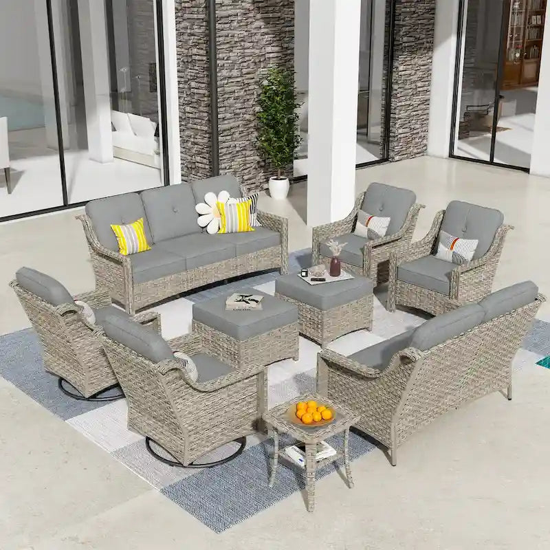 HOOOWOOO Ensemble de 9 chaises de patio pivotantes d'extérieur en osier à dossier haut