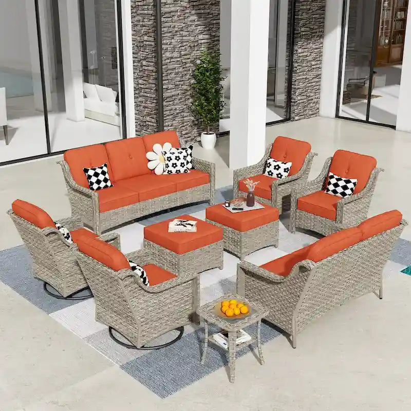 HOOOWOOO Ensemble de 9 chaises de patio pivotantes d'extérieur en osier à dossier haut
