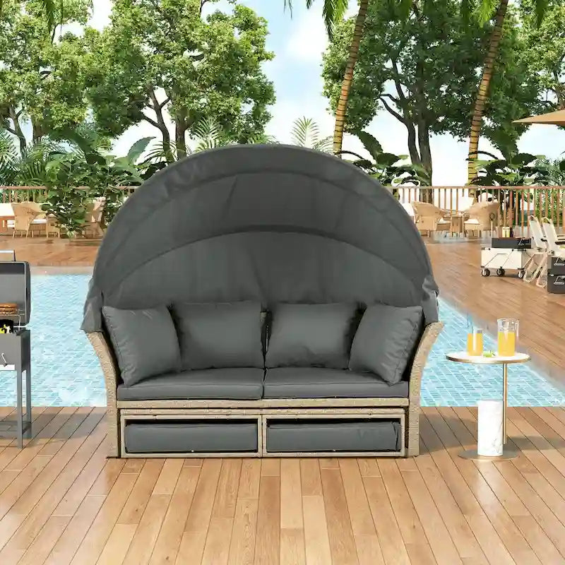 Ensemble de meubles de jardin en rotin et osier avec lit de repos double et auvent