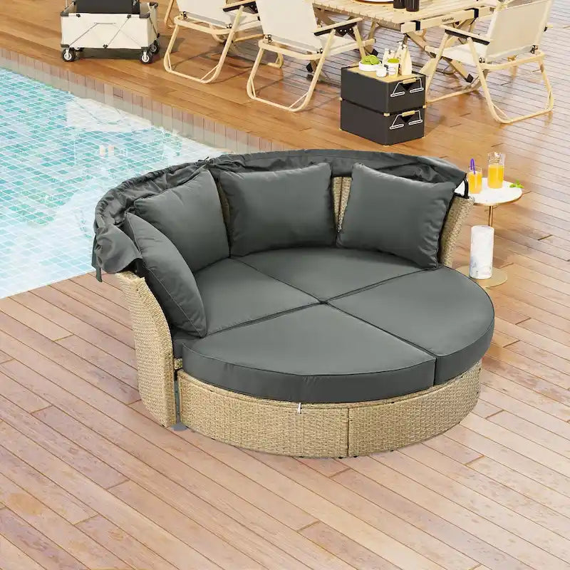 Ensemble de meubles de jardin en rotin et osier avec lit de repos double et auvent