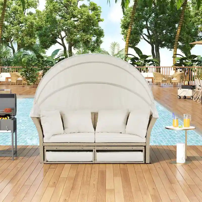 Ensemble de meubles de jardin en rotin et osier avec lit de repos double et auvent