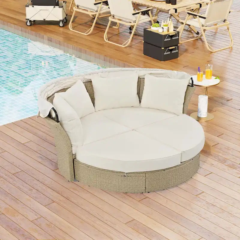 Ensemble de meubles de jardin en rotin et osier avec lit de repos double et auvent