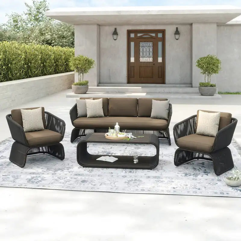Ensemble de conversation extérieur 4 pièces en osier Corvus Ida avec tissu Sunbrella